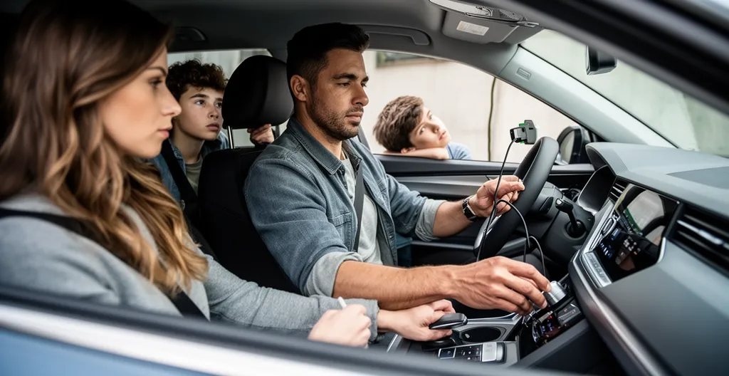 Intérieur moderne d'un SUV hybride rechargeable avec famille examinant le tableau de bord numérique