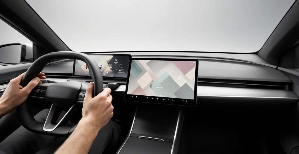 Intérieur de véhicule moderne avec tableau de bord numérique montrant la configuration des raccourcis d'écran tactile
