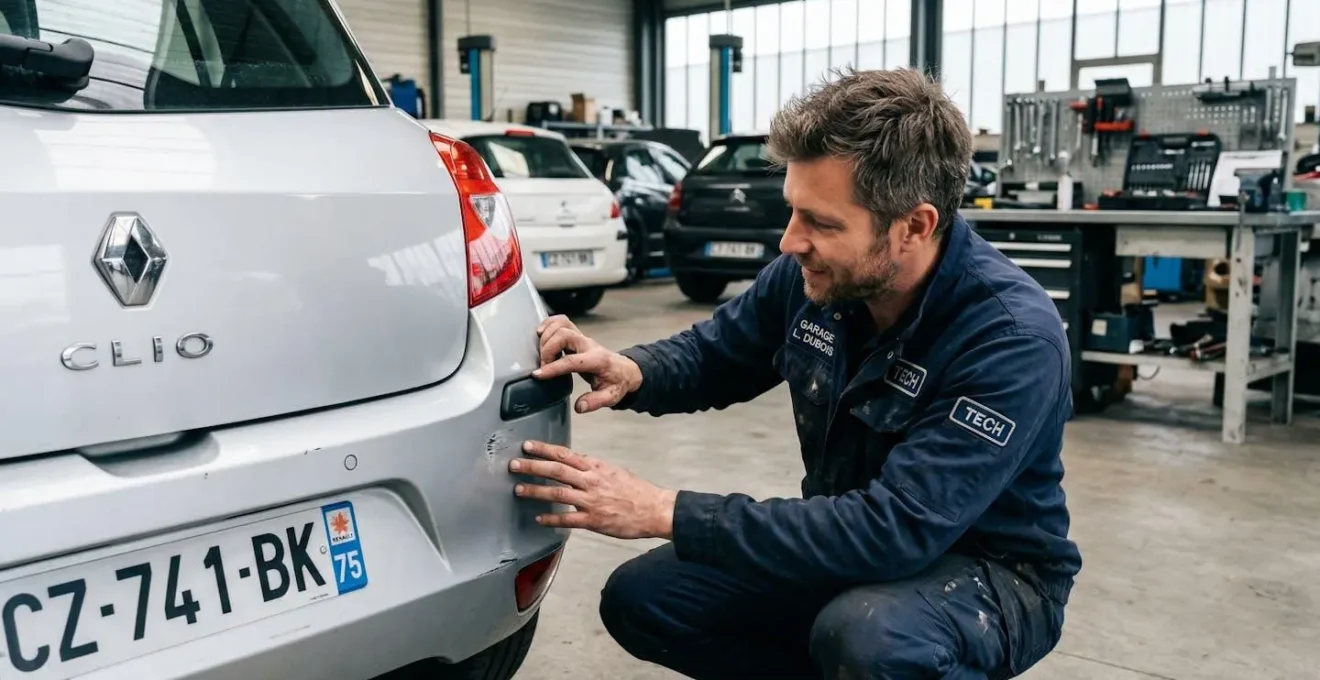 Technicien automobile inspectant un dommage de carrosserie dans un garage professionnel