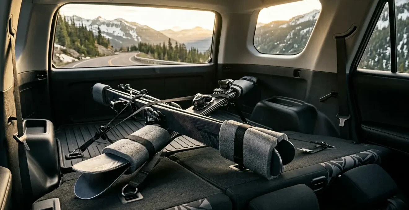 Intérieur de voiture avec skis sécurisés et matériel de ski rangé de manière sûre