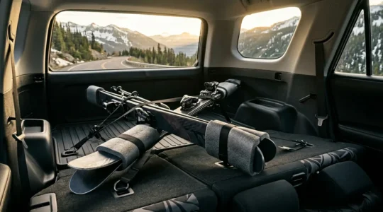Intérieur de voiture avec skis sécurisés et matériel de ski rangé de manière sûre
