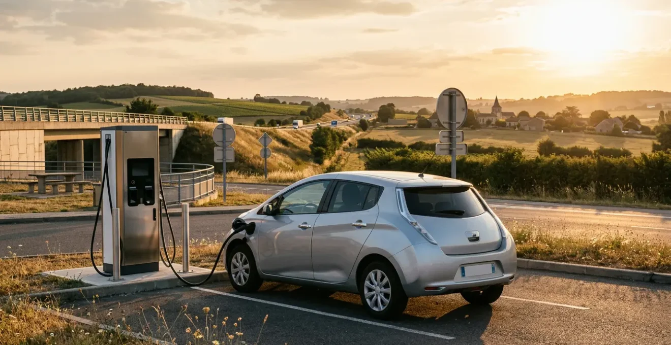 Voiture électrique en charge rapide sur une aire d'autoroute française pendant un voyage estival