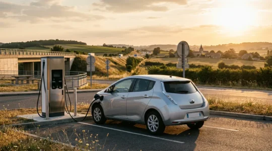 Voiture électrique en charge rapide sur une aire d'autoroute française pendant un voyage estival