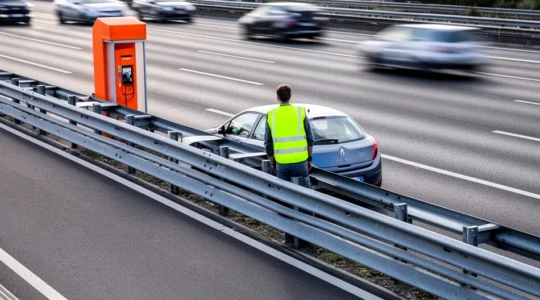 Vue aérienne d'un véhicule immobilisé sur la bande d'arrêt d'urgence d'une autoroute avec signalisation de sécurité