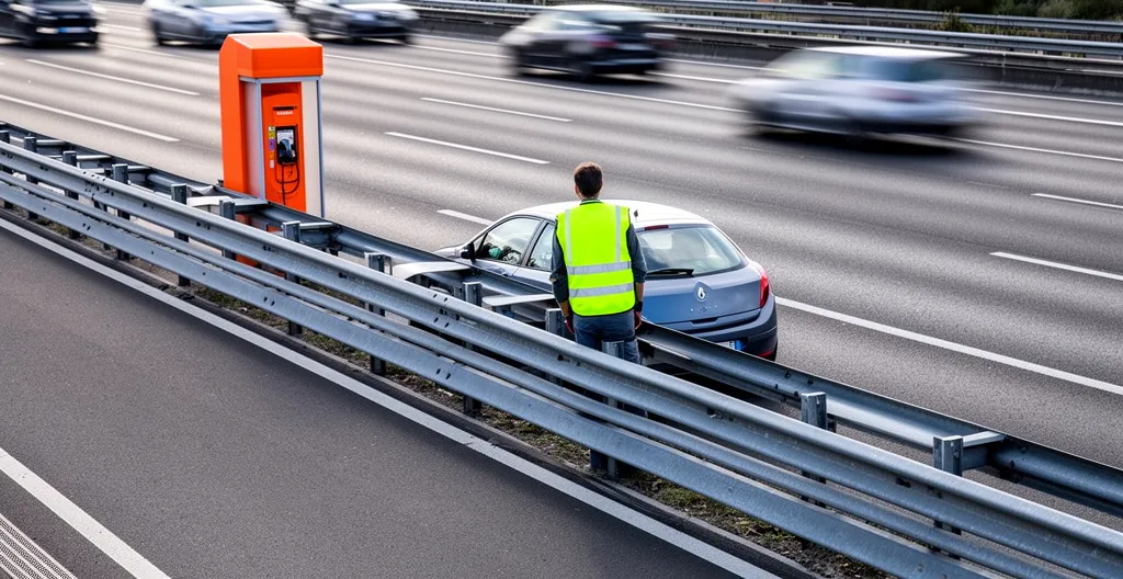 Vue aérienne d'un véhicule immobilisé sur la bande d'arrêt d'urgence d'une autoroute avec signalisation de sécurité