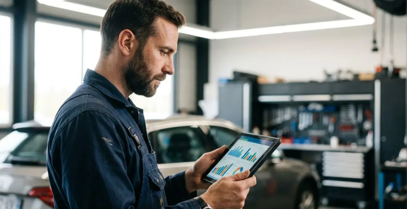 Mécanicien utilisant une valise de diagnostic OBD2 sur une voiture moderne