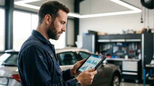 Mécanicien utilisant une valise de diagnostic OBD2 sur une voiture moderne