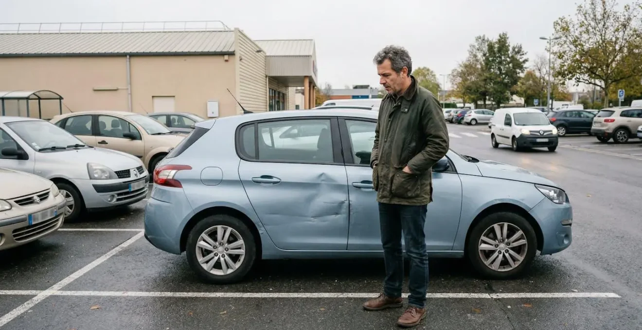 Conducteur observant son véhicule LLD endommagé sur un parking extérieur