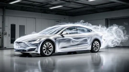 Voiture électrique moderne dans un tunnel de soufflerie avec visualisation des flux d'air