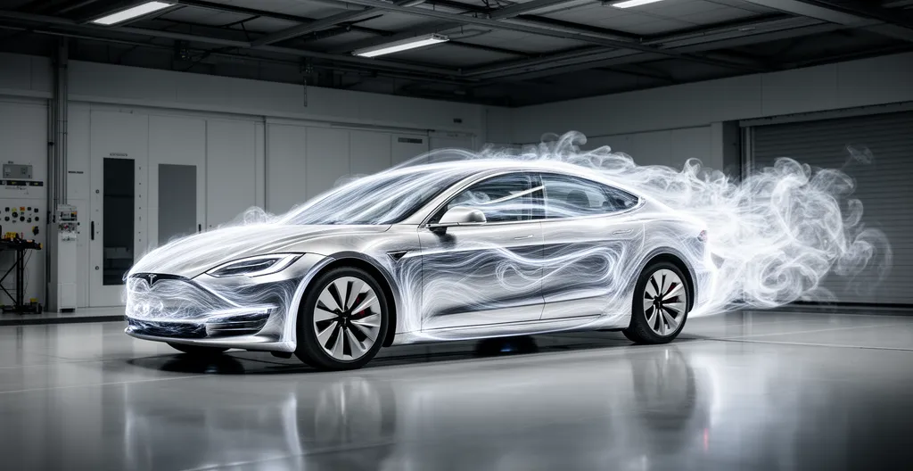Voiture électrique moderne dans un tunnel de soufflerie avec visualisation des flux d'air