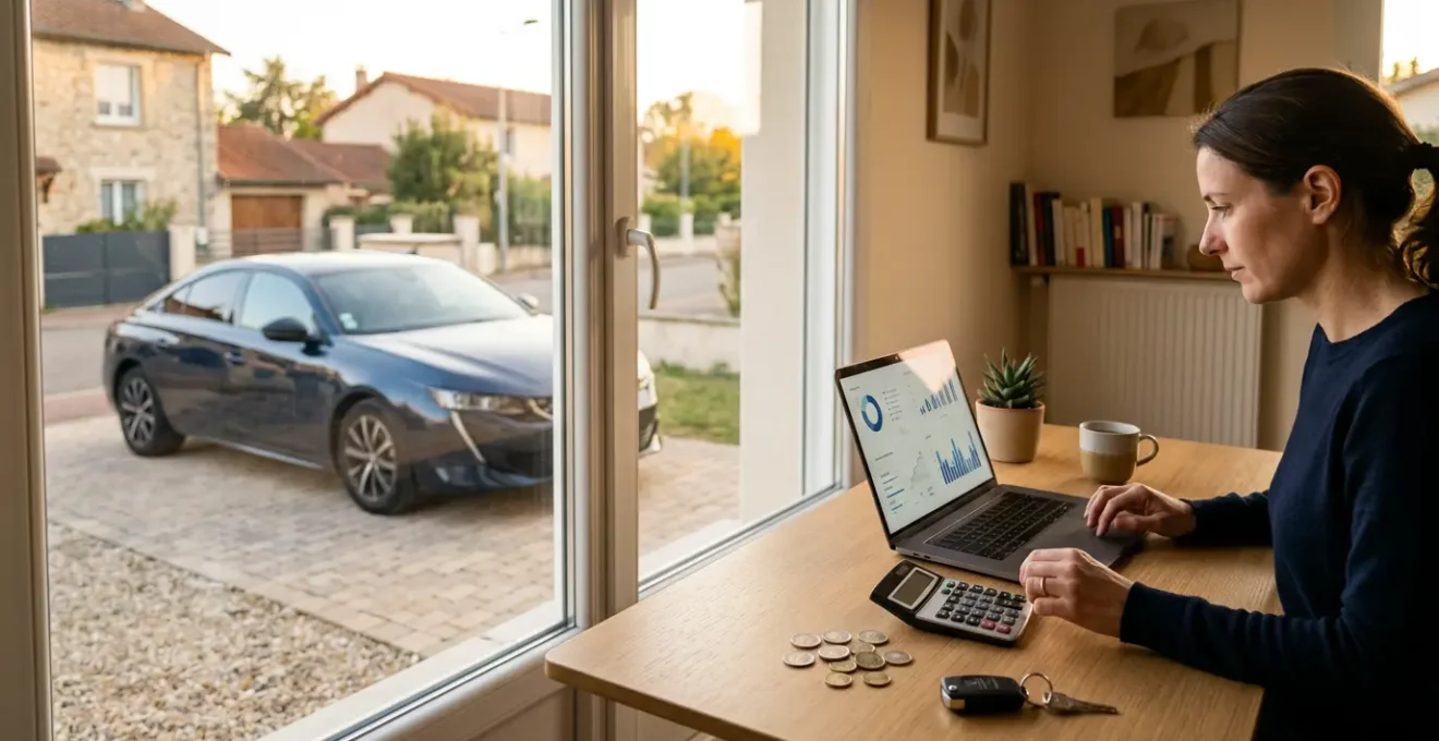 Scène montrant un bureau avec des documents fiscaux, une calculatrice, et une voiture en arrière-plan pour illustrer le calcul des frais réels