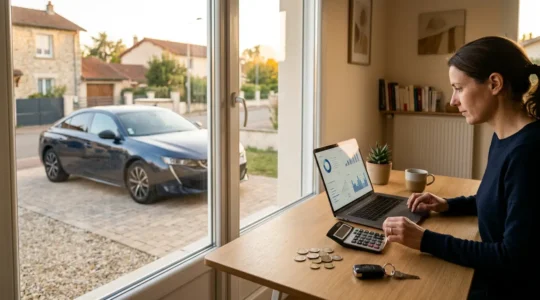 Scène montrant un bureau avec des documents fiscaux, une calculatrice, et une voiture en arrière-plan pour illustrer le calcul des frais réels