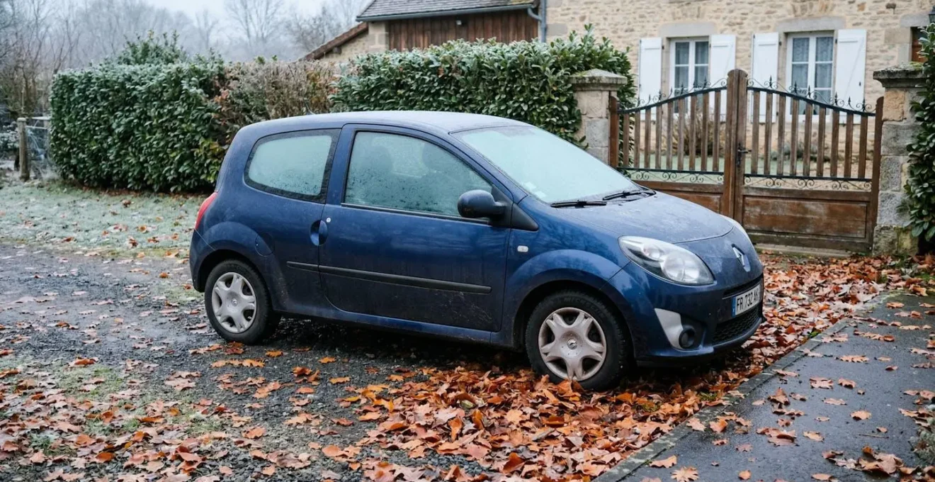 Voiture citadine garée avec traces de givre en période hivernale