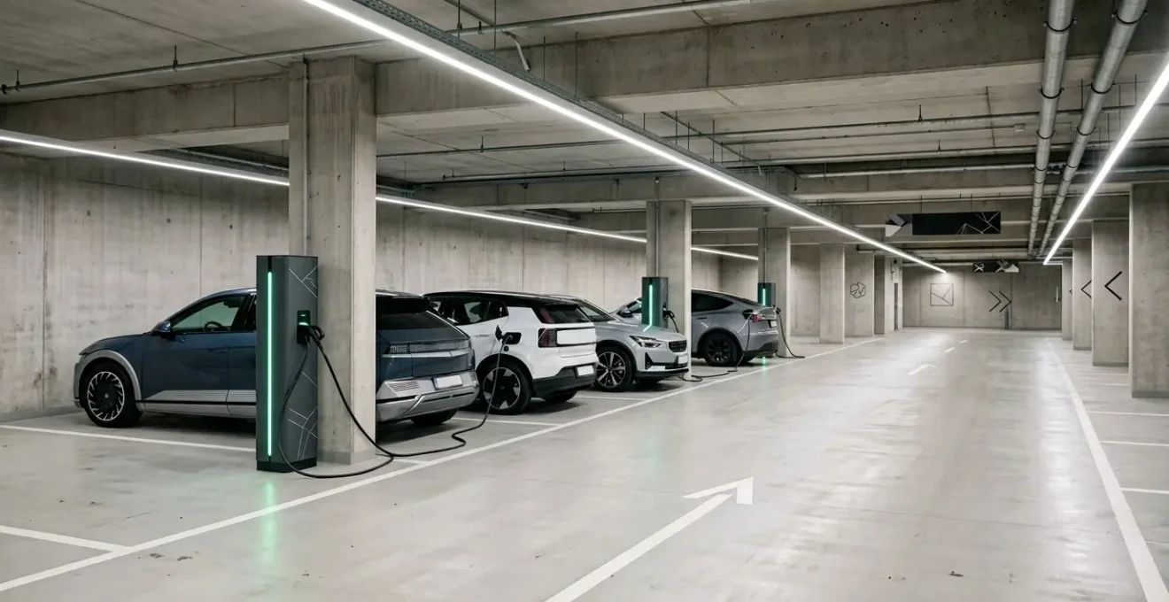 Vue d'un parking souterrain moderne avec bornes de recharge électrique et véhicules en charge
