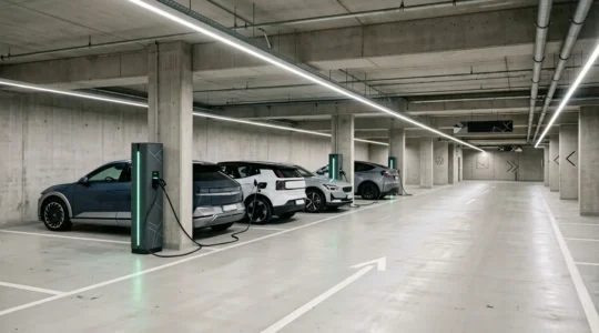 Vue d'un parking souterrain moderne avec bornes de recharge électrique et véhicules en charge