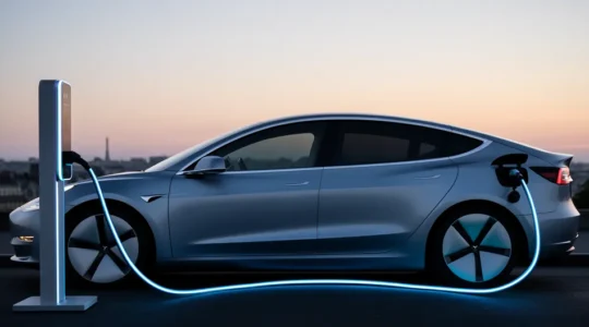 Voiture électrique moderne en charge sur une borne publique illuminée dans un environnement urbain français au crépuscule