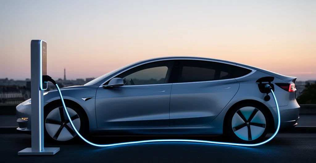 Voiture électrique moderne en charge sur une borne publique illuminée dans un environnement urbain français au crépuscule