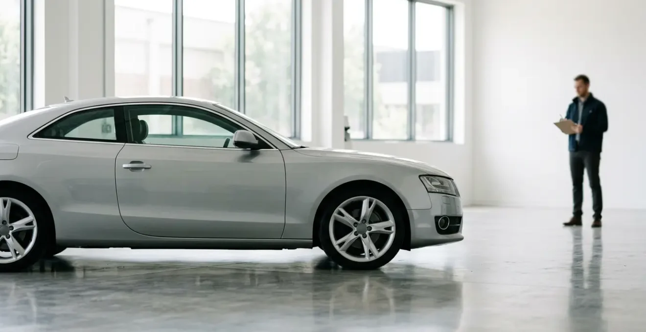 Vue latérale d'une voiture moderne lors d'une inspection technique avec un expert en arrière-plan flou