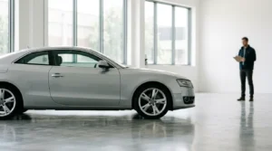 Vue latérale d'une voiture moderne lors d'une inspection technique avec un expert en arrière-plan flou