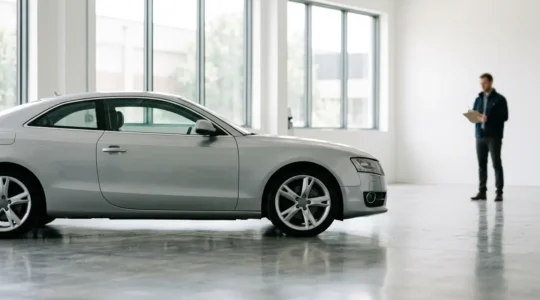 Vue latérale d'une voiture moderne lors d'une inspection technique avec un expert en arrière-plan flou