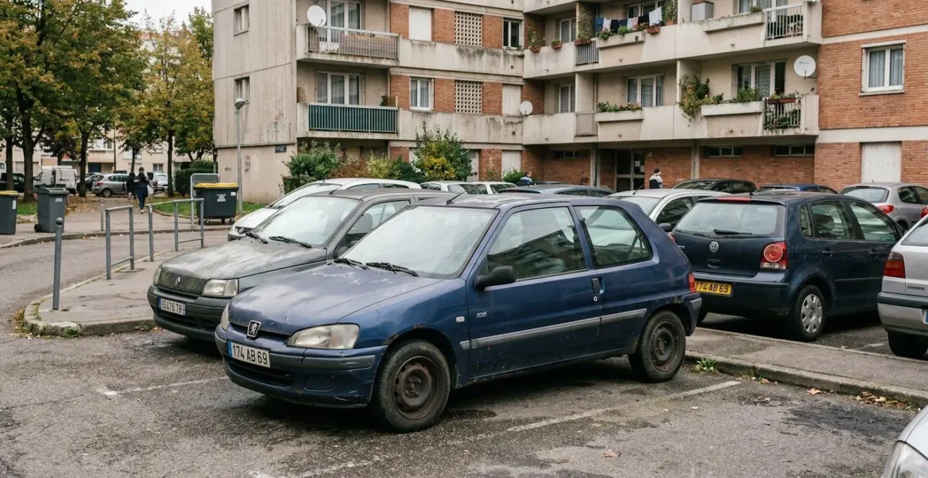 Berline compacte européenne d'occasion garée sur un parking résidentiel, légères traces d'usure visibles
