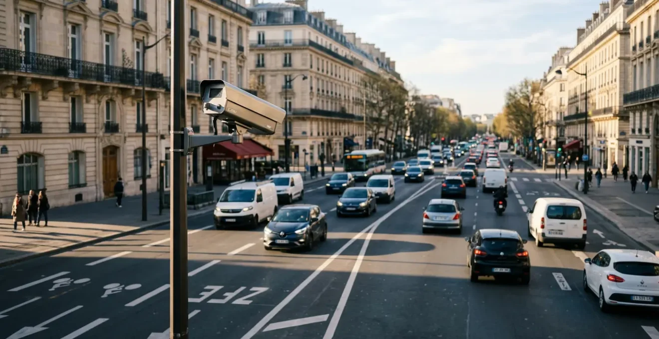 Caméras de contrôle automatique LAPI surveillant une zone à faibles émissions en milieu urbain français