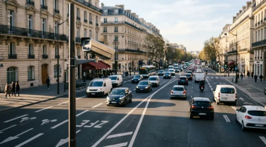 Caméras de contrôle automatique LAPI surveillant une zone à faibles émissions en milieu urbain français