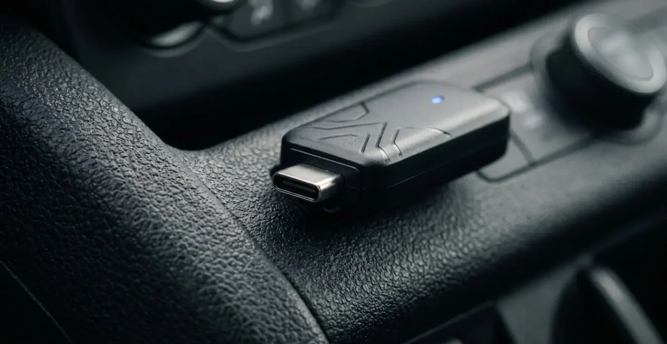 Gros plan sur un adaptateur sans fil connecté au port USB d'une voiture