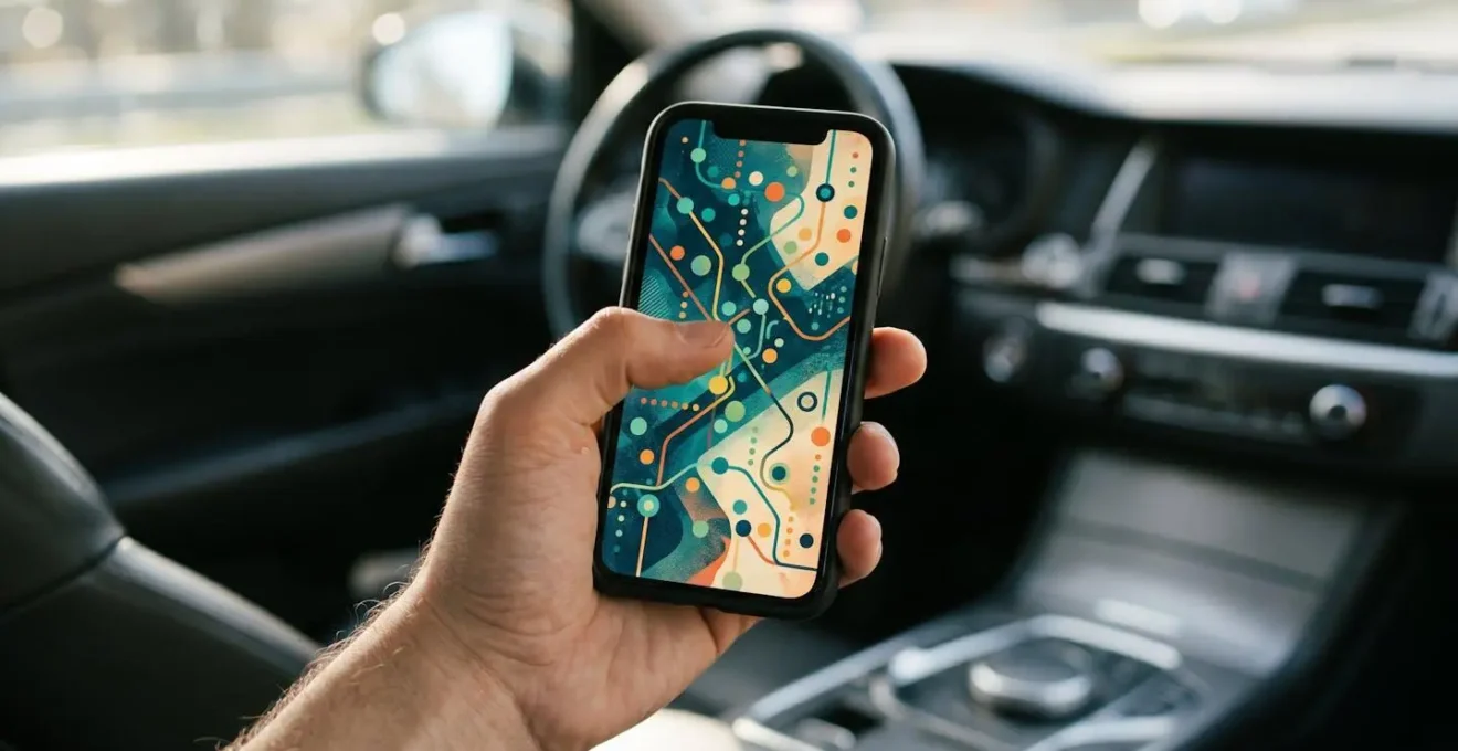 Main tenant un smartphone montrant une carte avec des points de recharge, vue de dessus