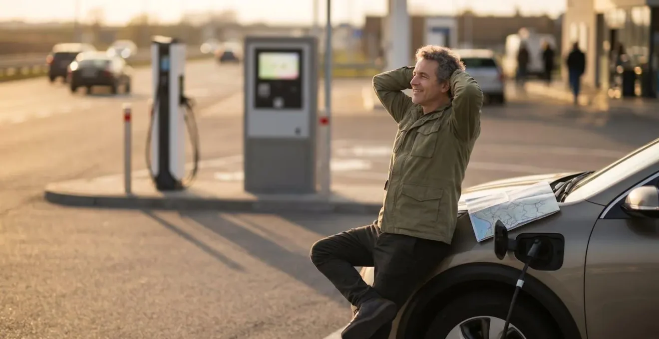 Station de recharge rapide sur aire d'autoroute avec véhicule électrique