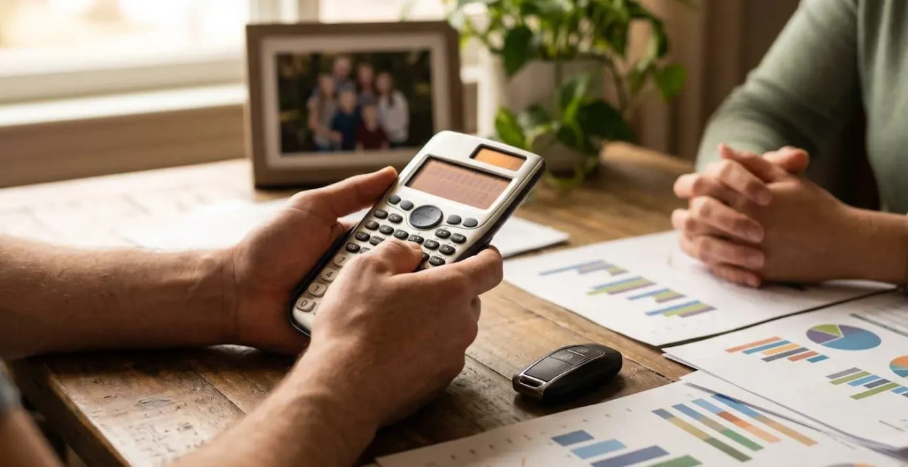 Calculatrice moderne sur table avec papiers de budget familial et clés de voiture, ambiance de planification financière