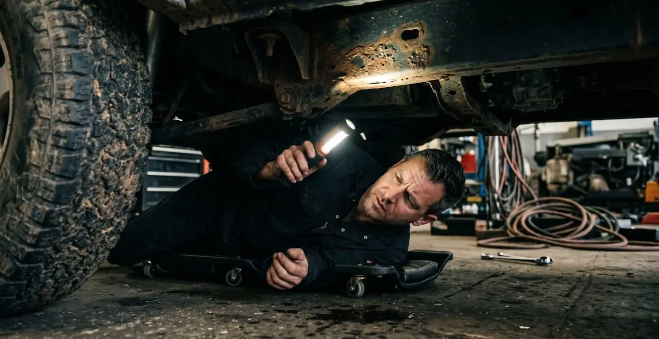 Inspection du châssis d'un 4x4 à la recherche de rouille avec lampe torche
