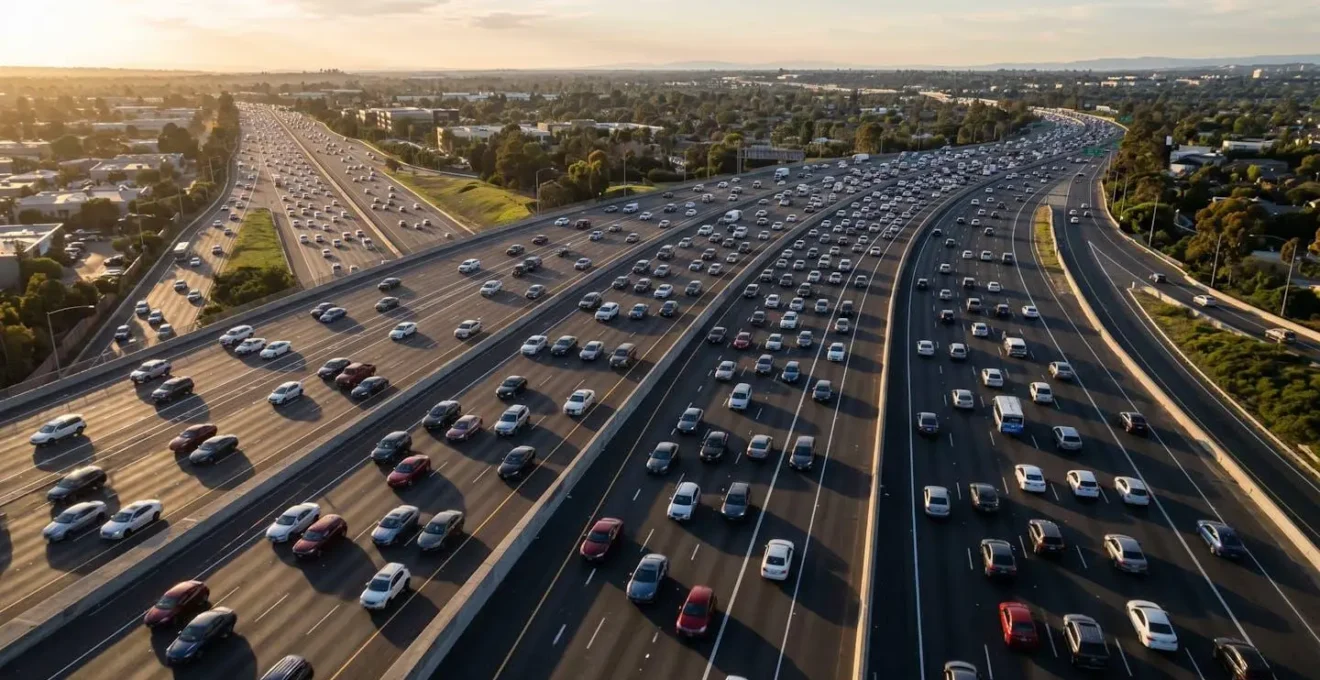 Vue aérienne minimaliste d'une circulation dense sur périphérique avec espaces entre véhicules