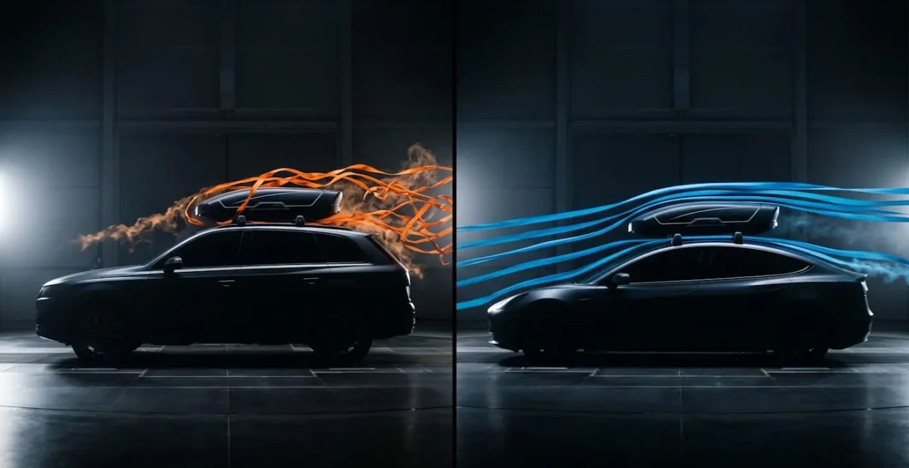 Visualisation des flux d'air autour d'un SUV et d'une berline avec coffre de toit