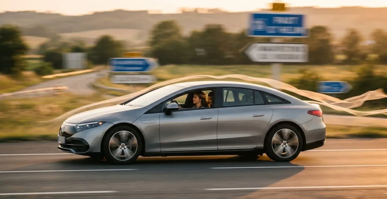 Vue latérale d'une voiture électrique sur autoroute avec effet de vitesse et flux d'air visible