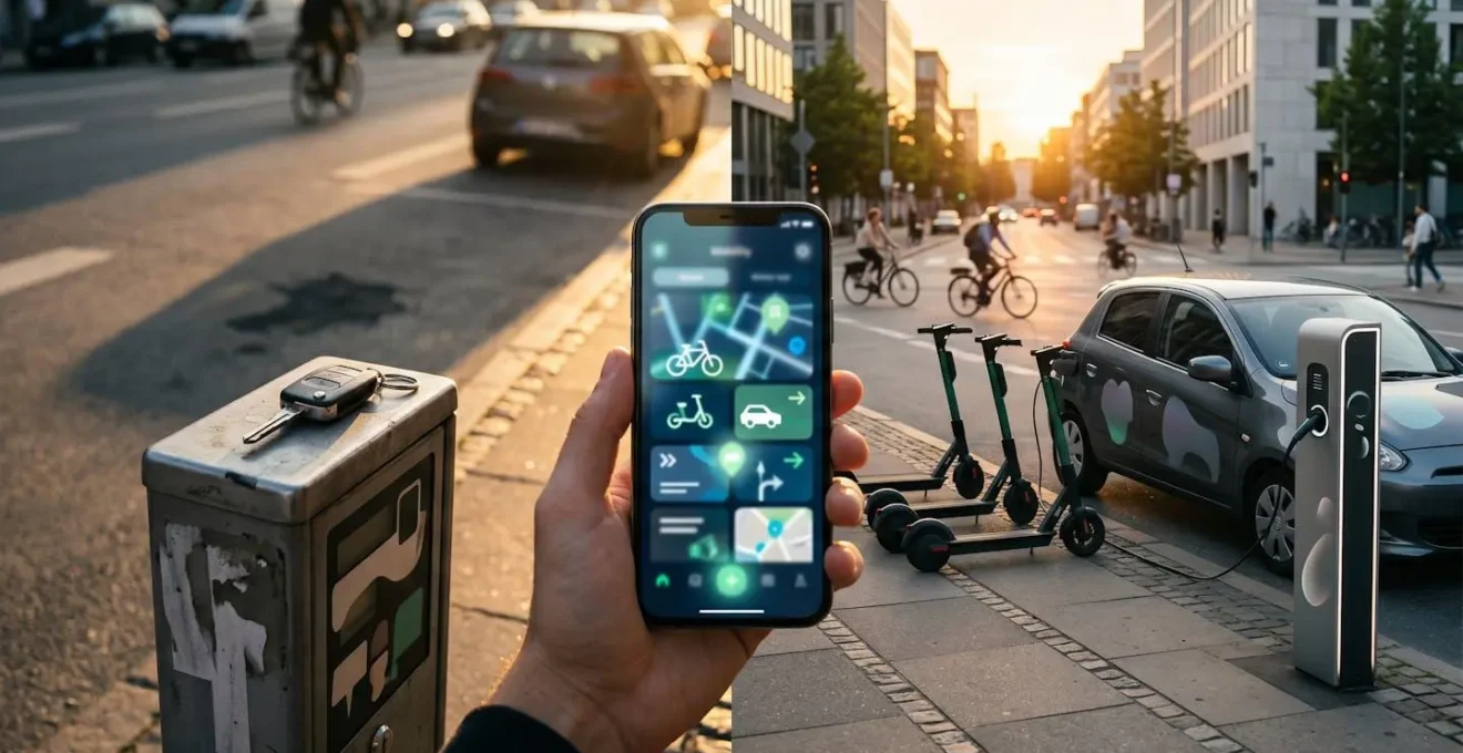 Scène urbaine montrant différentes options de mobilité électrique en ville