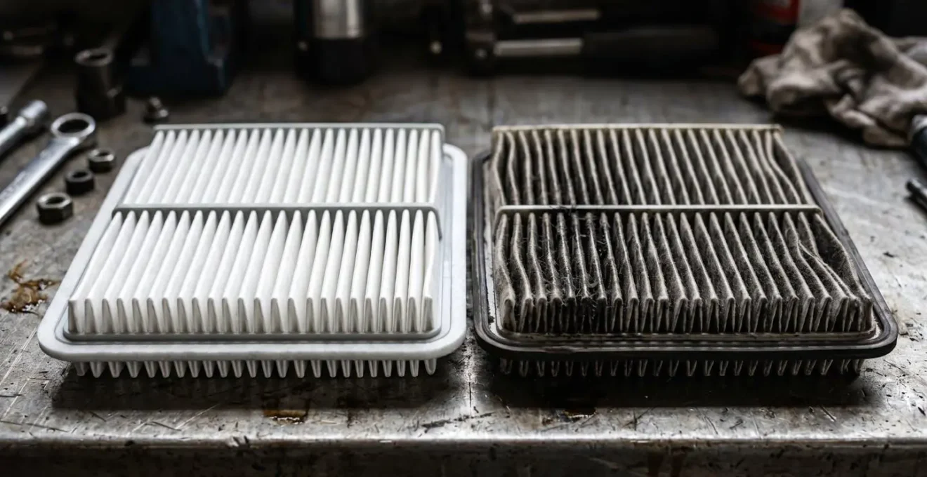 Comparaison entre un filtre à air neuf et usagé sur un établi de garage