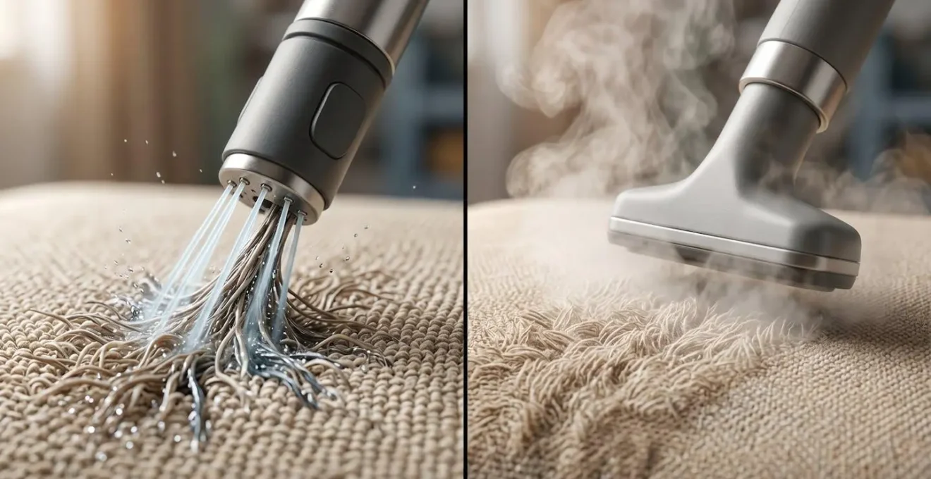 Vue détaillée montrant deux méthodes de nettoyage côte à côte sur un siège beige, l'une extrayant le liquide, l'autre appliquant de la vapeur.