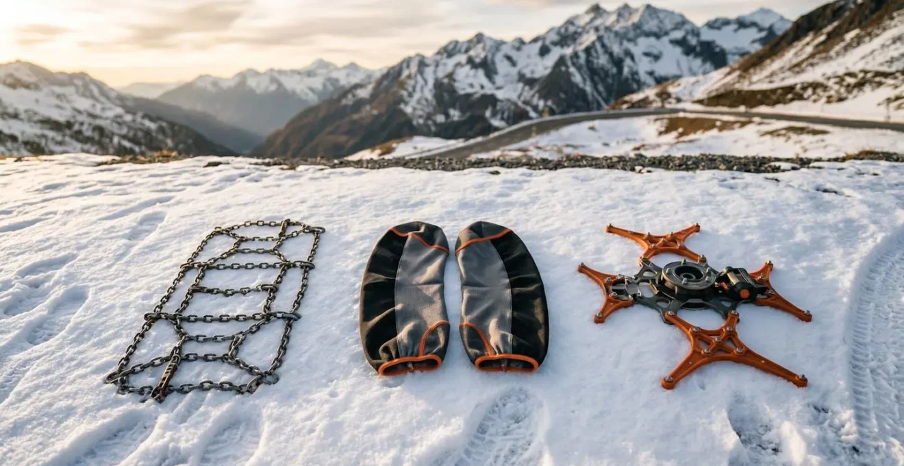 Trois types d'équipements neige disposés sur un sol enneigé : chaînes métalliques, chaussettes textiles et chaînes araignées