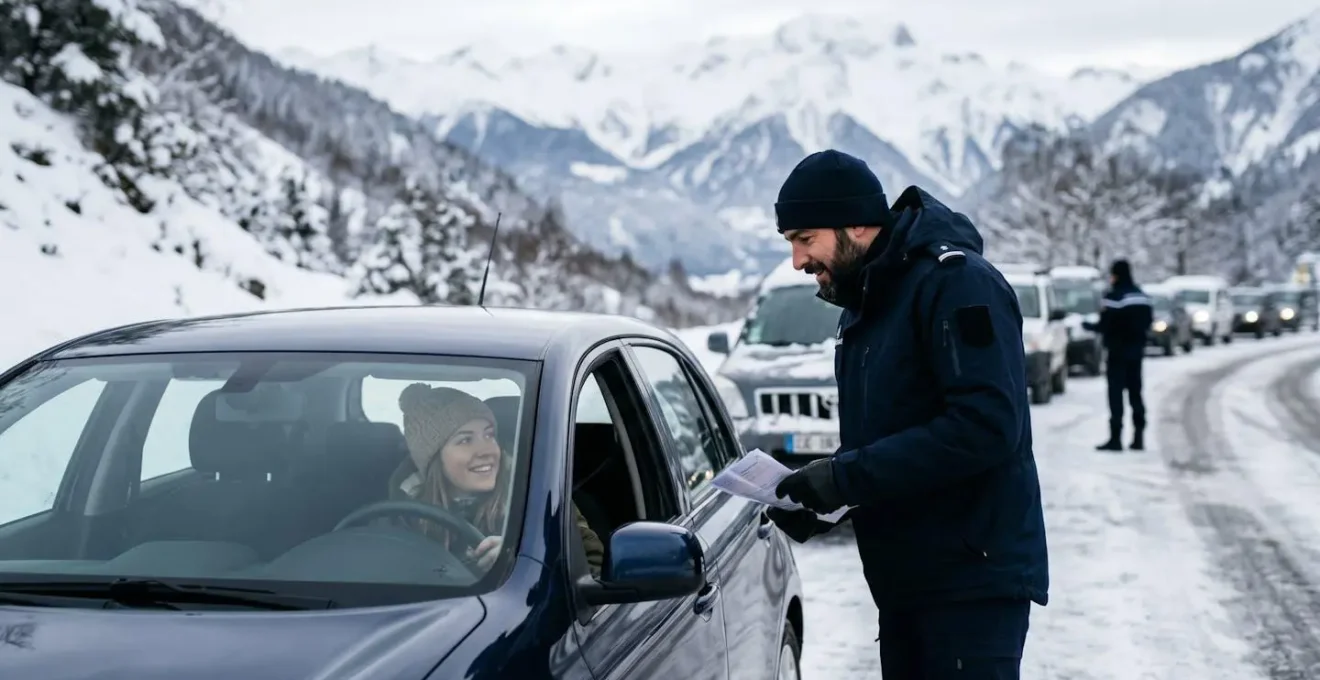 Contrôle de gendarmerie sur une route de montagne enneigée avec véhicules arrêtés