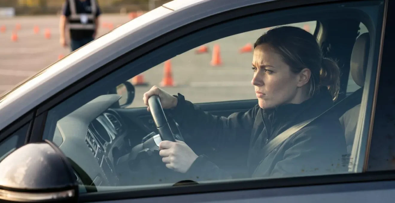 Parking désert avec cônes de signalisation disposés pour un exercice de freinage