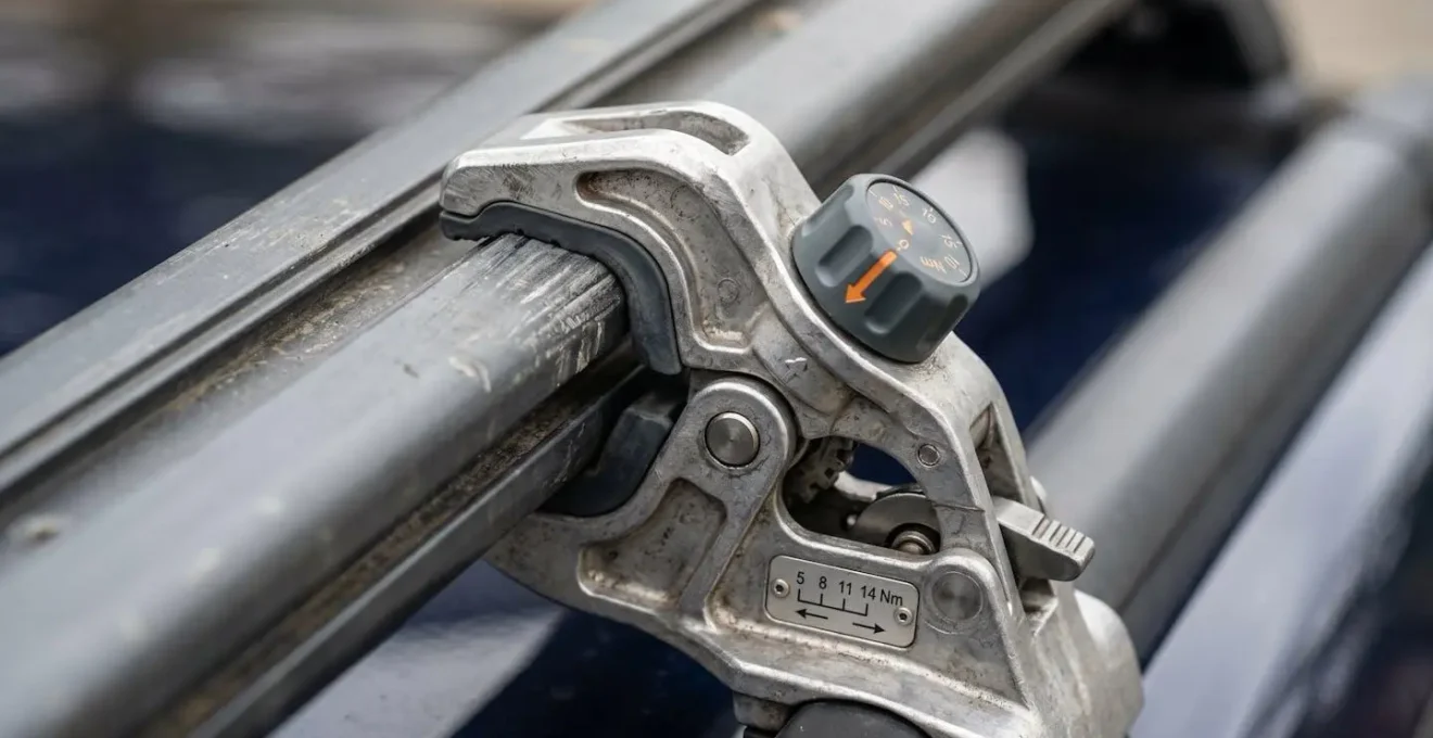 Système de fixation rapide d'un coffre de toit sur barres transversales