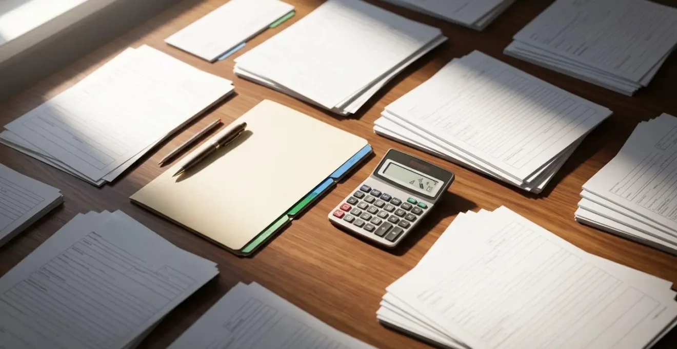 Bureau avec documents administratifs organisés, calculatrice et stylo pour demande d'aides véhicule électrique