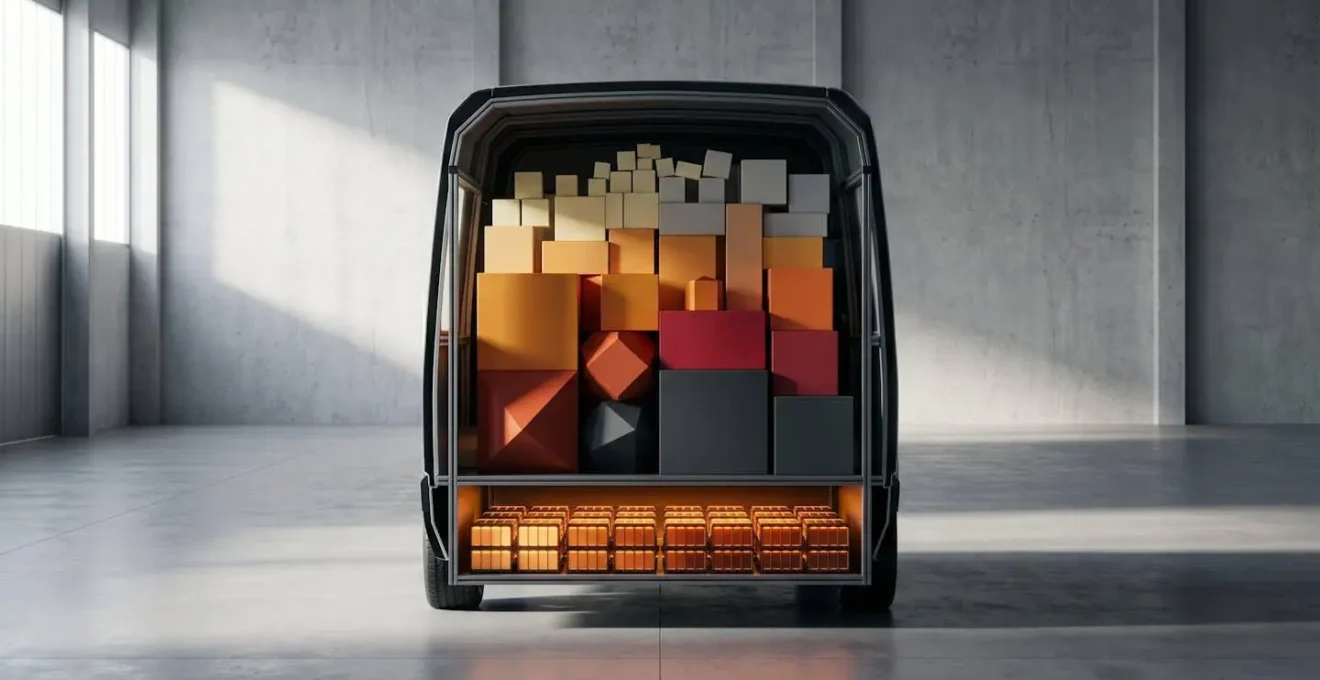 Coupe transversale d'un fourgon électrique montrant la répartition du poids et son impact sur la batterie.