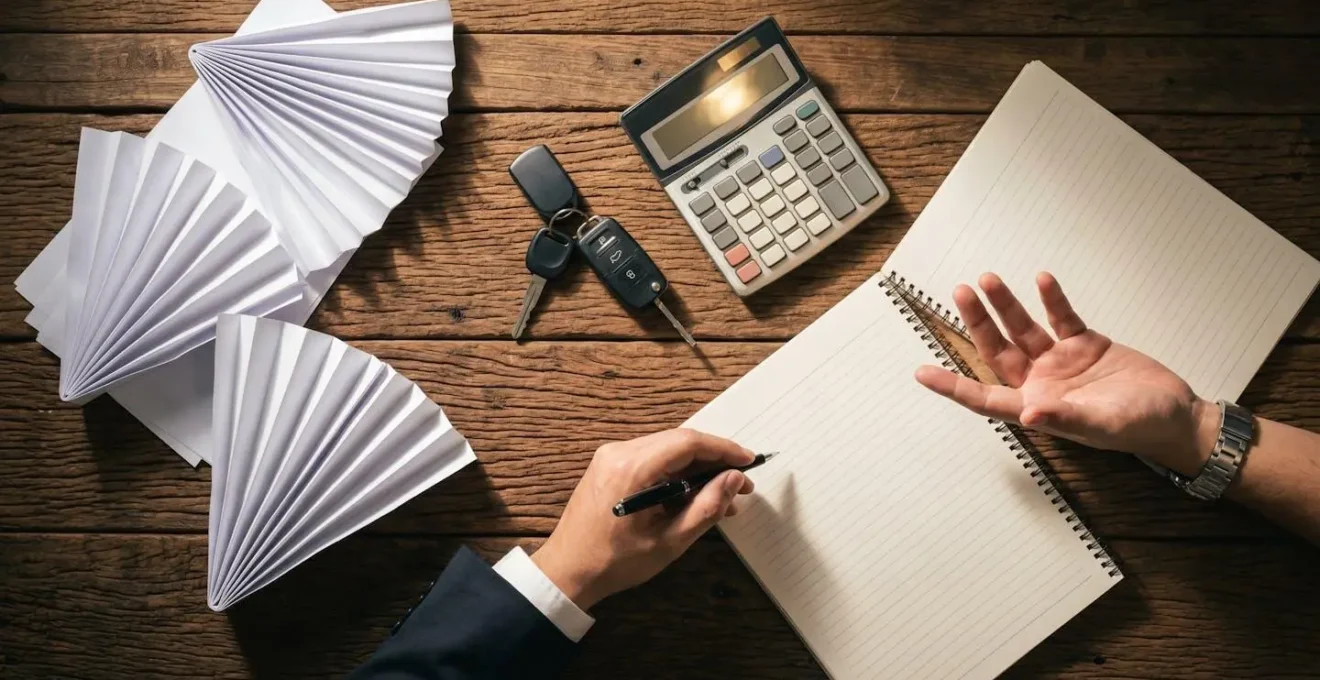 Négociation du prix d'une voiture avec documents d'historique et calculatrice sur table