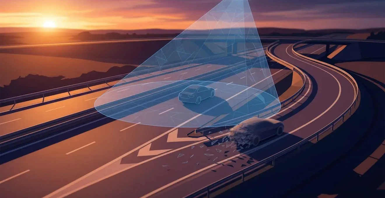 Vue de profil d'une sortie d'autoroute avec cône de détection radar illustré