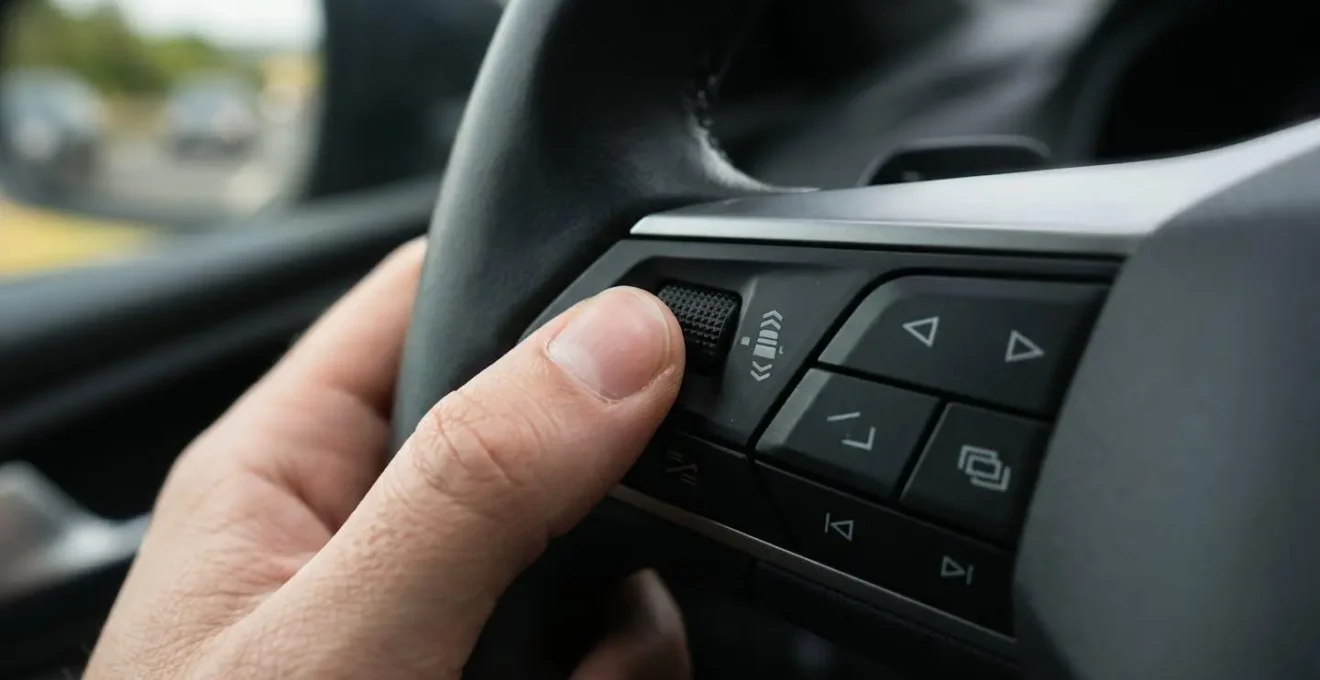 Main ajustant la molette de réglage de distance sur un volant moderne avec vue sur autoroute