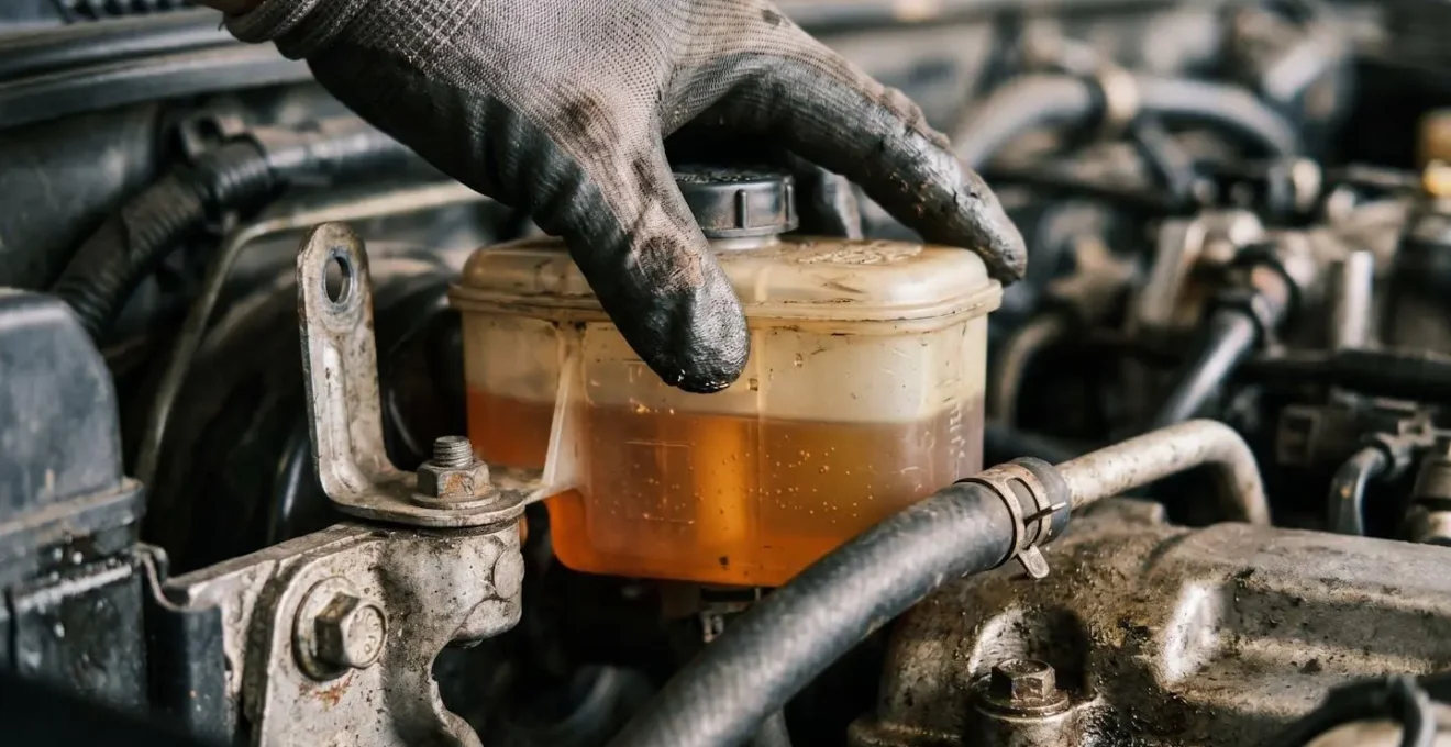 Main de mécanicien inspectant un réservoir de liquide de frein sous un capot de voiture