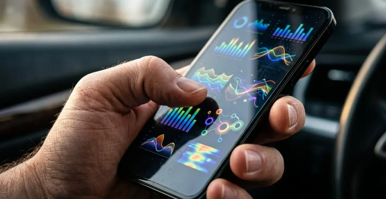 Main tenant un smartphone affichant des données de diagnostic automobile colorées