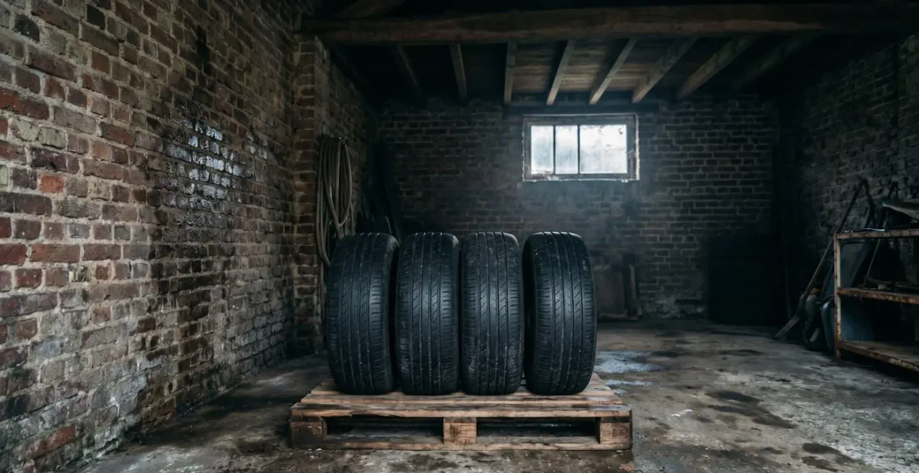 Pneus empilés verticalement dans un garage sombre avec traces d'humidité sur les murs